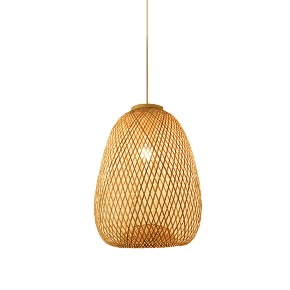 Bamboo Pendant Lamp For Restaurants - Asian Style Globular Twisted Shape In Beige / H