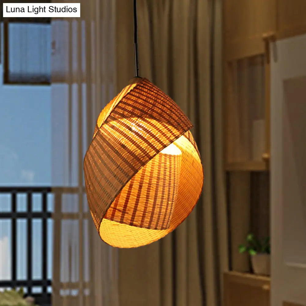 Bamboo Pendant Lamp With Flaxen Shade For Bedroom - Chinese Style