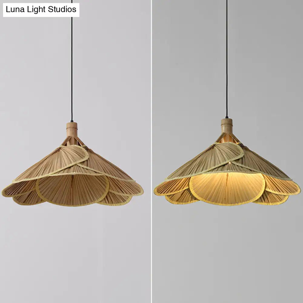 Bamboo Pendant Light - Chinese Cattail Fan Design 1-Light Wood Suspension For Foyer