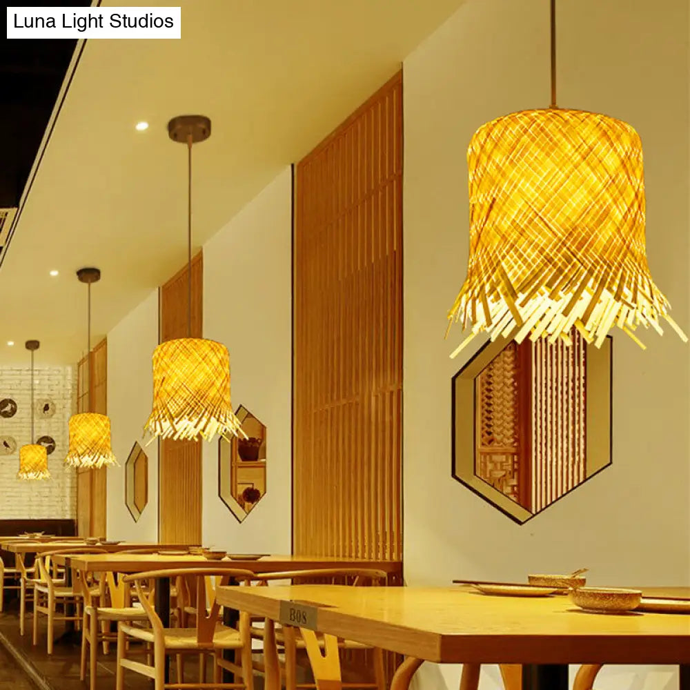 Asia Fringe Bamboo Pendant Light - 1 Kitchen Hanging Lamp In Beige