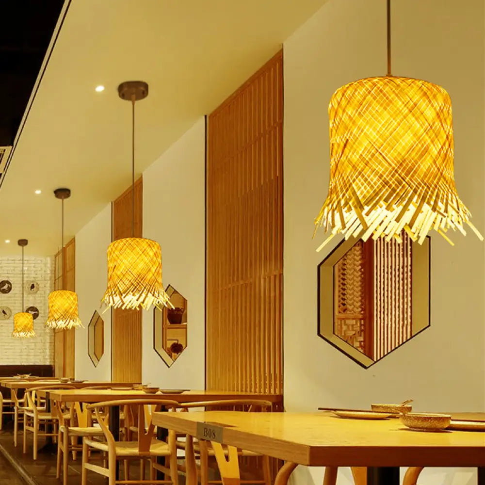 Bamboo Pendant Light Fixture: Asian Fringe Design For Kitchen - 1-Light Hanging Lamp In Beige