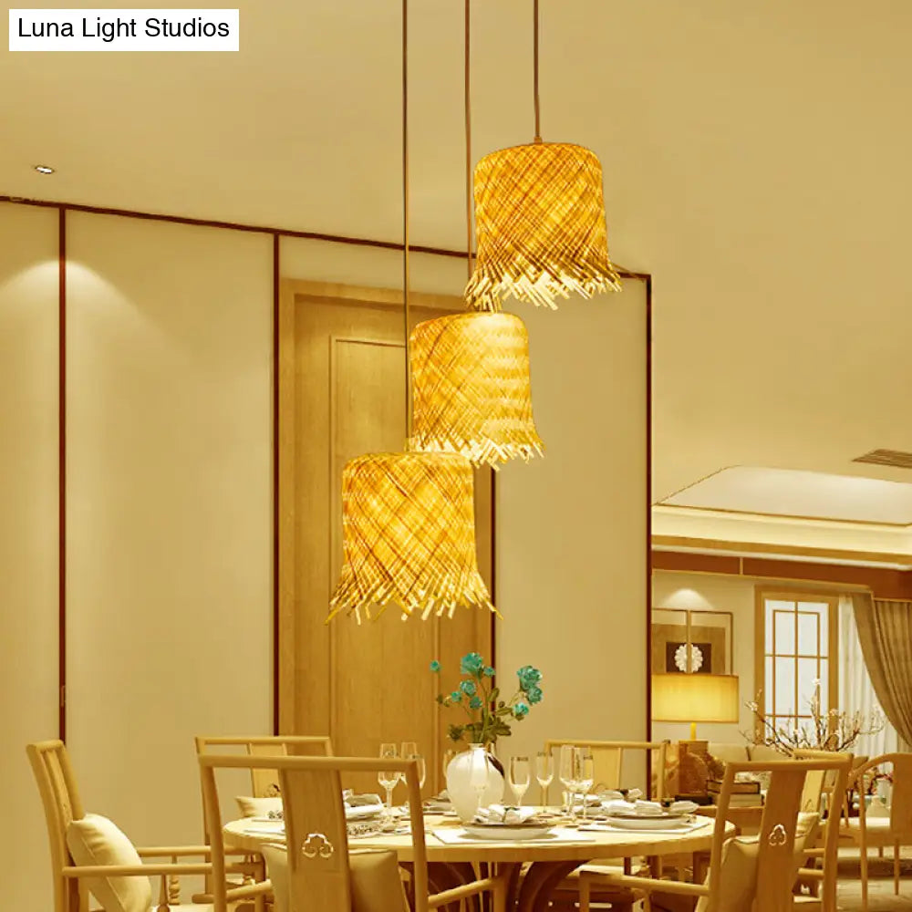 Asia Fringe Bamboo Pendant Light - 1 Kitchen Hanging Lamp In Beige