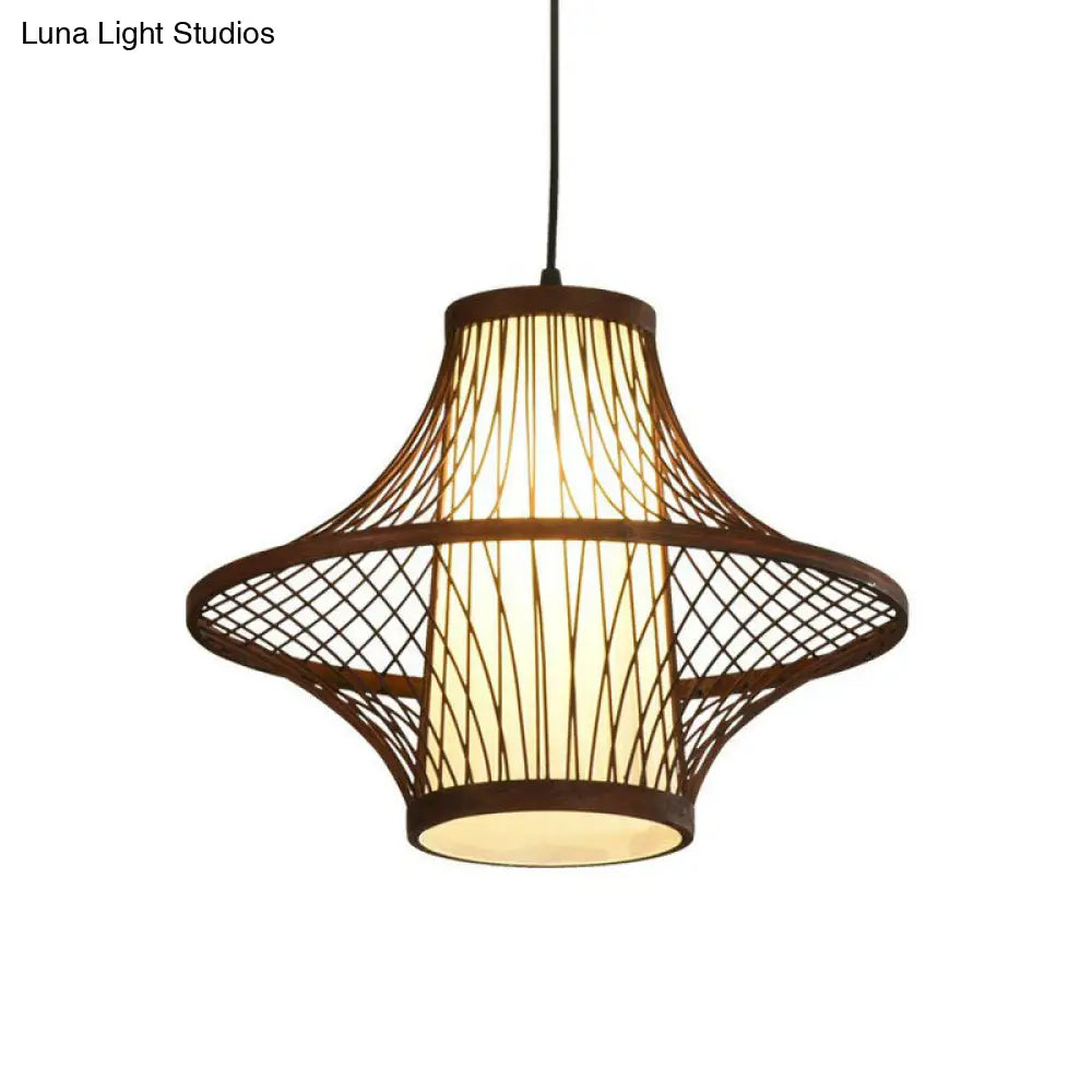 Bamboo Pendant Light Fixture - Asian Single Bulb Suspension Lighting With Inner White Shade