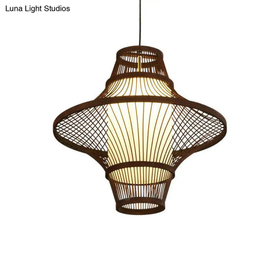 Bamboo Pendant Light Fixture - Asian Single Bulb Suspension Lighting With Inner White Shade