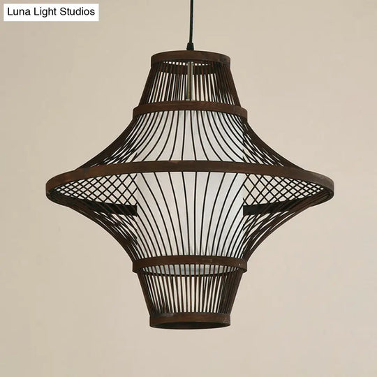 Bamboo Pendant Light Fixture - Asian Single Bulb Suspension Lighting With Inner White Shade