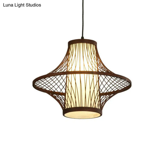 Bamboo Pendant Light Fixture - Asian Single Bulb Suspension Lighting With Inner White Shade