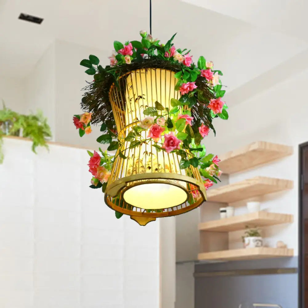 Bamboo Pendant Light Fixture: Industrial Green Cylinder/Kerosene Lamp With Led For Restaurant