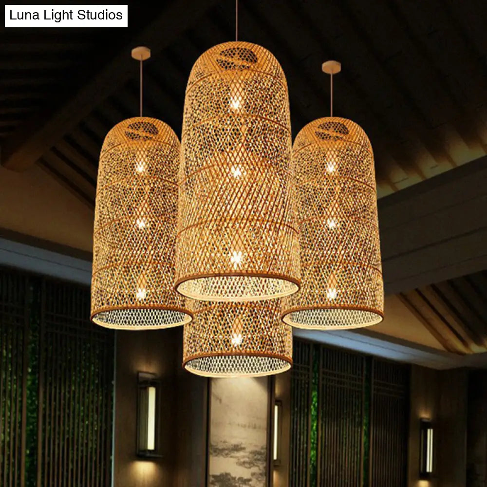 Bamboo Pendant Light Kit - Hand Woven Asian Design Beige Finish