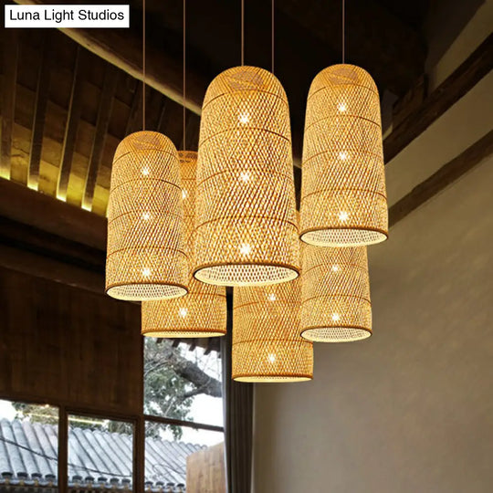 Bamboo Pendant Light Kit - Hand Woven Asian Design Beige Finish