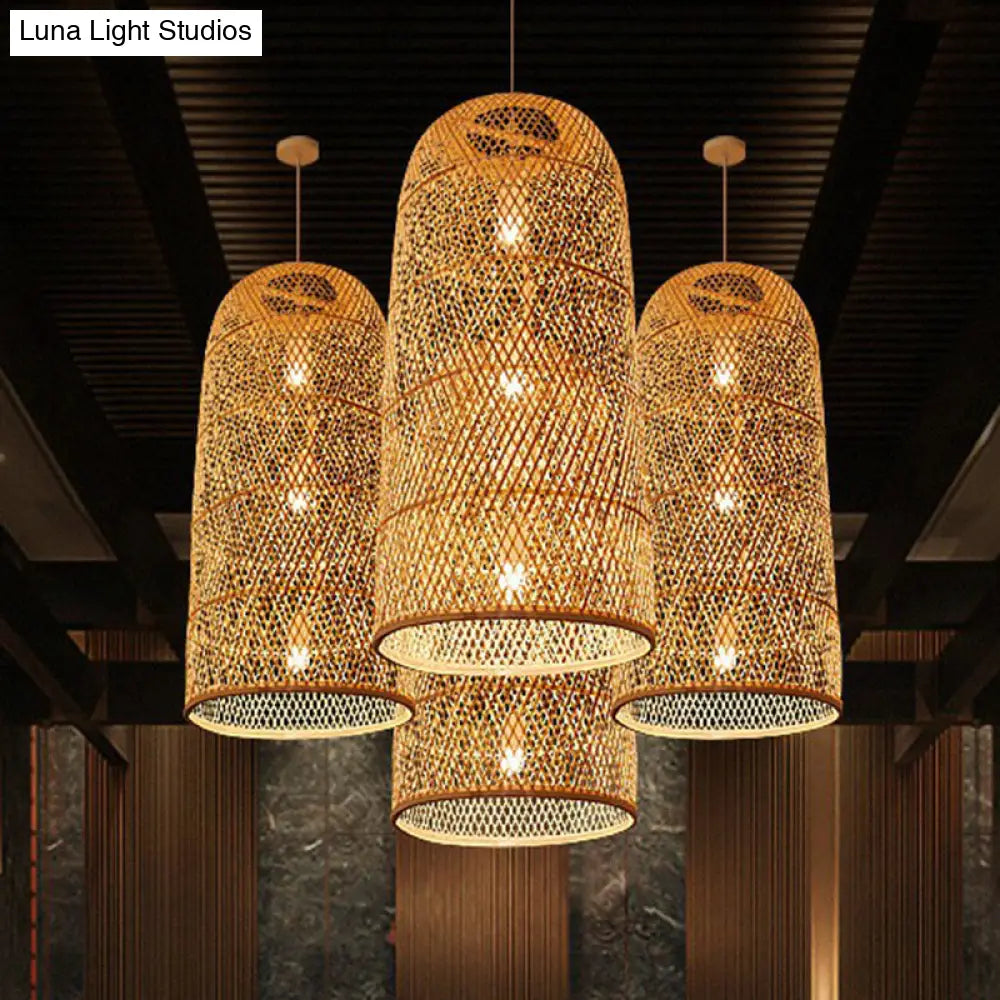 Bamboo Pendant Light Kit - Hand Woven Asian Design Beige Finish