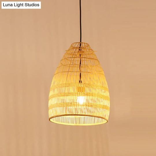 Bamboo Pendant Light - Wide Flare Ceiling Lamp With 1 Bulb In Beige