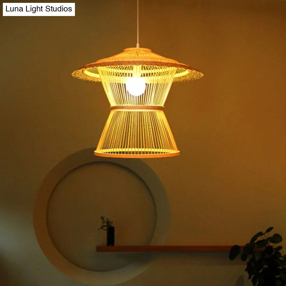 Bamboo Pendant Light - Wide Flare Ceiling Lamp With 1 Bulb In Beige