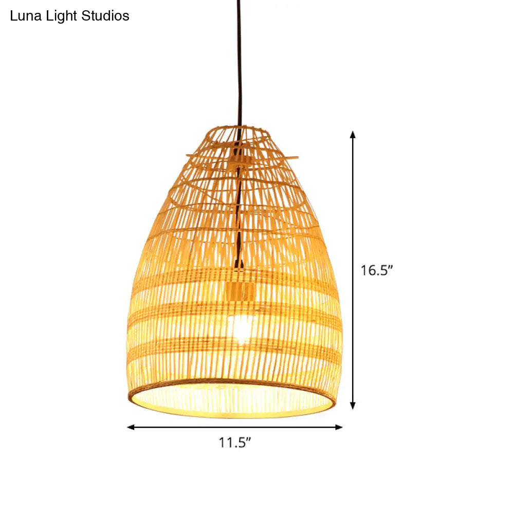 Bamboo Pendant Light - Wide Flare Ceiling Lamp With 1 Bulb In Beige