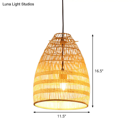 Bamboo Pendant Light - Wide Flare Ceiling Lamp With 1 Bulb In Beige