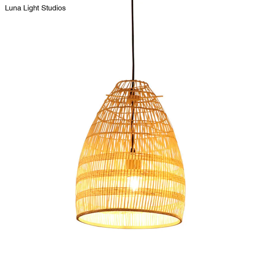 Bamboo Pendant Light - Wide Flare Ceiling Lamp With 1 Bulb In Beige