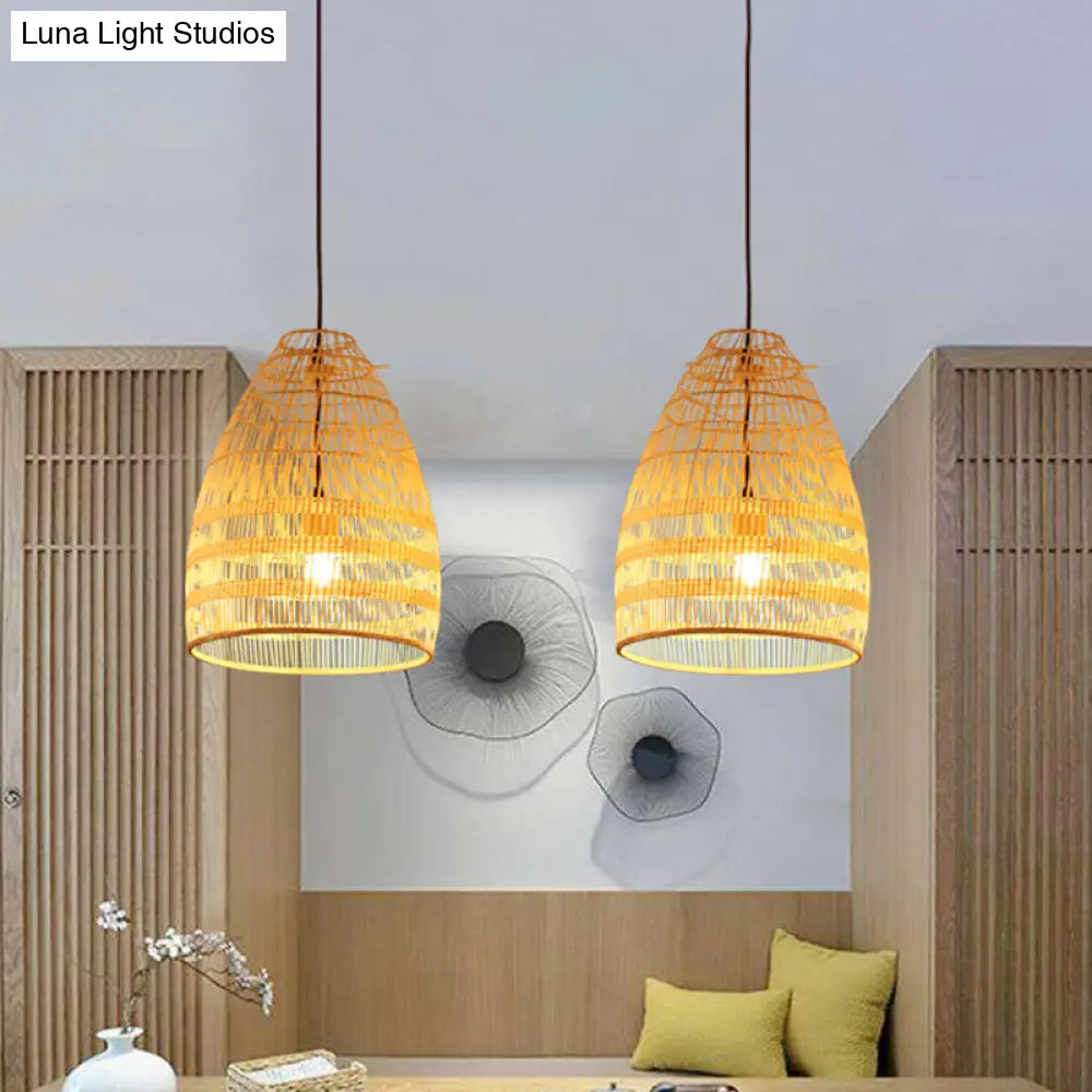 Bamboo Pendant Light - Wide Flare Ceiling Lamp With 1 Bulb In Beige