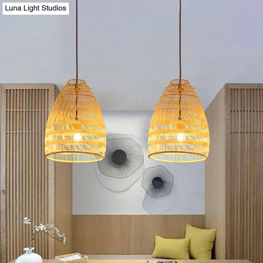 Bamboo Pendant Light - Wide Flare Ceiling Lamp With 1 Bulb In Beige