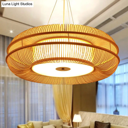 Bamboo Pendant Light With Beige Shade - Single Bulb Ceiling Lamp 25.5/31.5