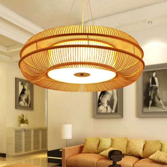 Bamboo Pendant Light With Beige Shade - Single Bulb Ceiling Lamp 25.5/31.5 / 25.5