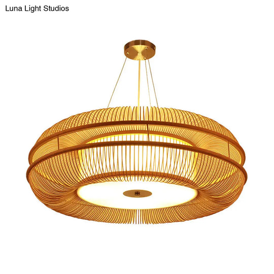 Bamboo Pendant Light With Beige Shade - Single Bulb Ceiling Lamp 25.5/31.5