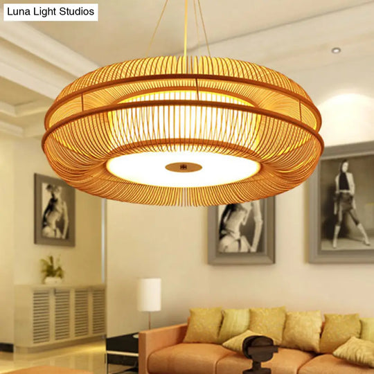 Bamboo Pendant Light With Beige Shade - Single Bulb Ceiling Lamp 25.5/31.5