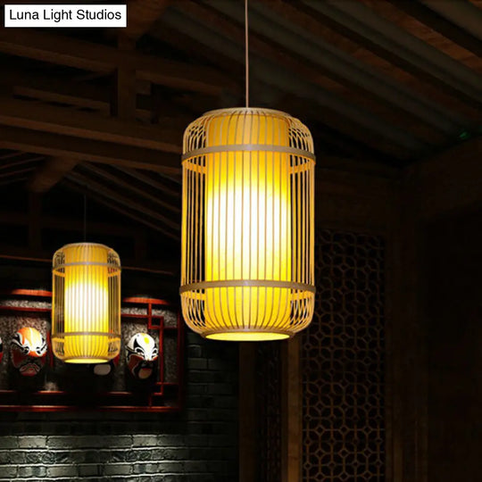 Bamboo Cage Suspension Pendant Light - Modern Wood Shade Perfect For Balcony