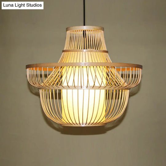 Bamboo Pendant Light With Modern Cage Shade For Balcony - Wood Suspension Lighting 1 Bulb