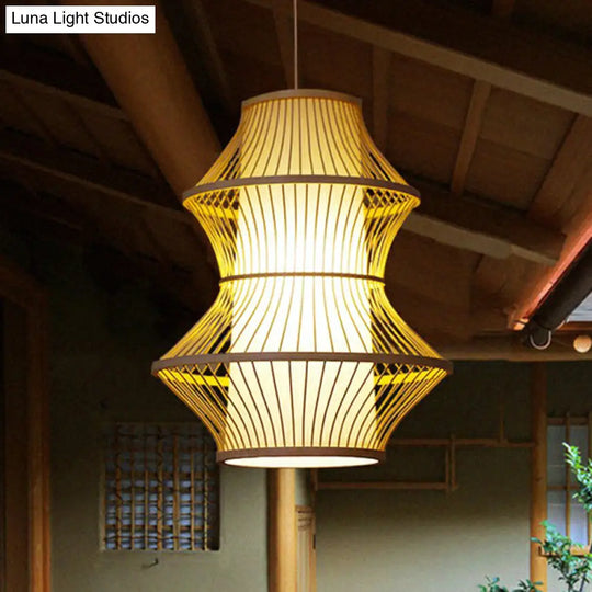 Bamboo Pendant Light With Modern Cage Shade For Balcony - Wood Suspension Lighting 1 Bulb