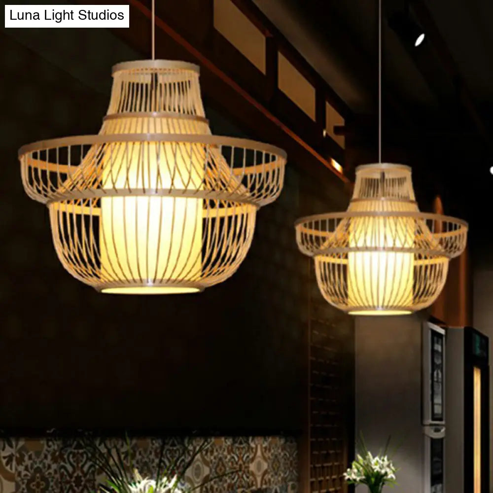 Bamboo Pendant Light With Modern Cage Shade For Balcony - Wood Suspension Lighting 1 Bulb