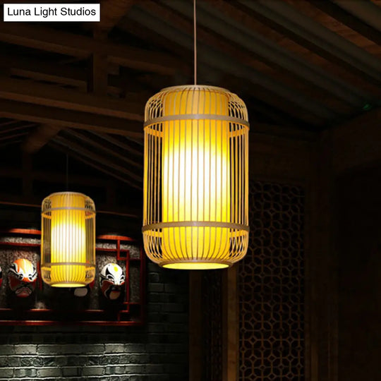 Bamboo Pendant Light With Modern Cage Shade For Balcony - Wood Suspension Lighting 1 Bulb