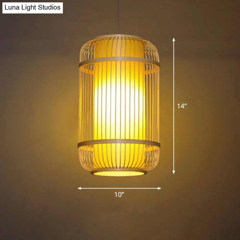 Bamboo Cage Suspension Pendant Light - Modern Wood Shade Perfect For Balcony / Cylinder