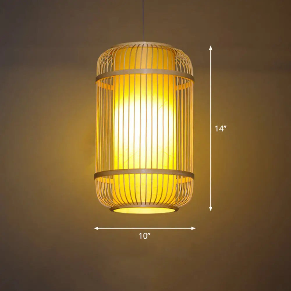 Bamboo Pendant Light With Modern Cage Shade For Balcony - Wood Suspension Lighting 1 Bulb / Cylinder