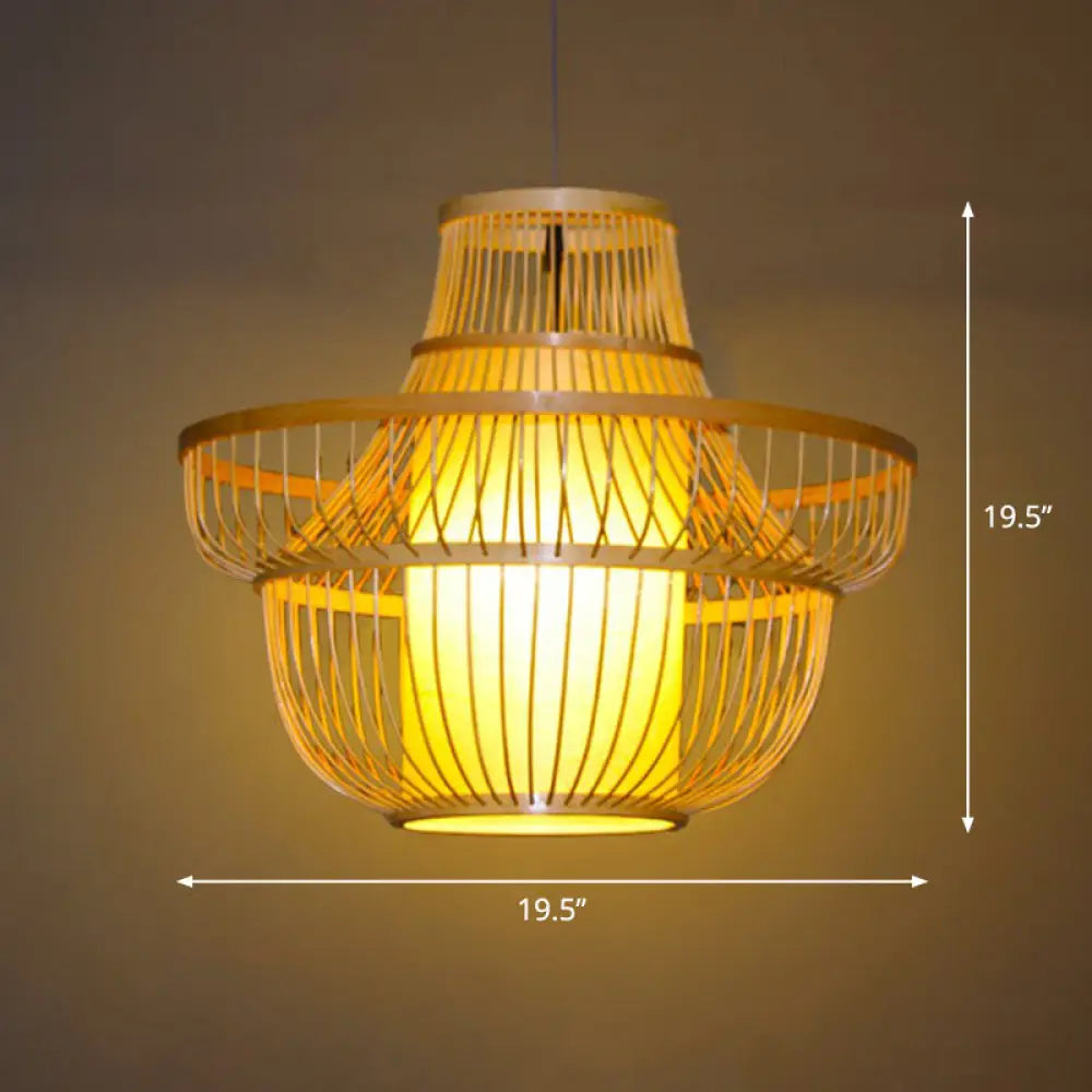 Bamboo Pendant Light With Modern Cage Shade For Balcony - Wood Suspension Lighting 1 Bulb / Tower