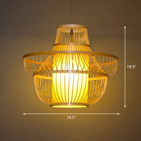 Bamboo Pendant Light With Modern Cage Shade For Balcony - Wood Suspension Lighting 1 Bulb / Tower