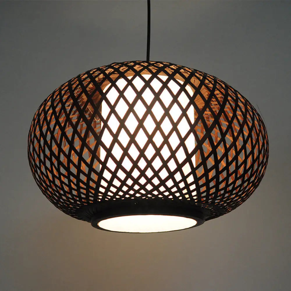 Bamboo Pendant Light With Pumpkin Design Perfect For Restaurant - 1 Bulb Hanging Kit Coffee