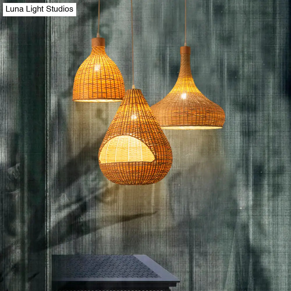 Asia Pendant Lighting: Onion/Raindrop/Bell Bamboo 1-Light Beige Fixture 10.5/17/18 W / 17