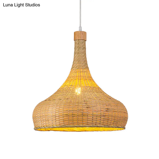 Bamboo Pendant Lighting Asia: Onion Raindrop Bell - Beige Hanging Light Fixture For Table 1