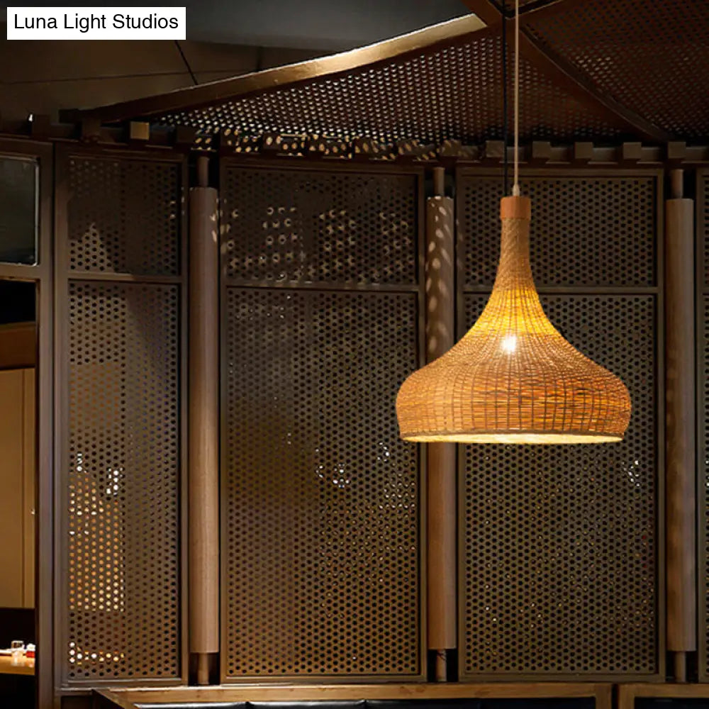 Bamboo Pendant Lighting Asia: Onion Raindrop Bell - Beige Hanging Light Fixture For Table 1