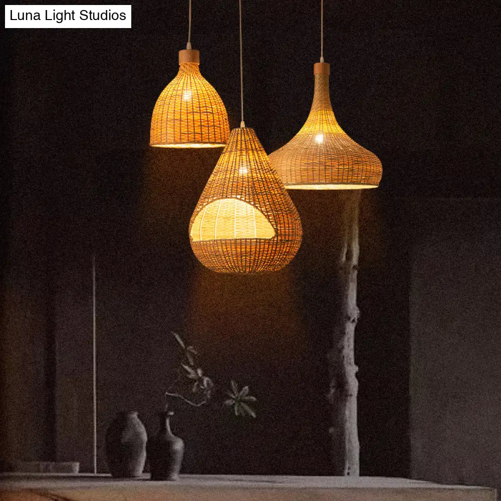 Bamboo Pendant Lighting Asia: Onion Raindrop Bell - Beige Hanging Light Fixture For Table 1