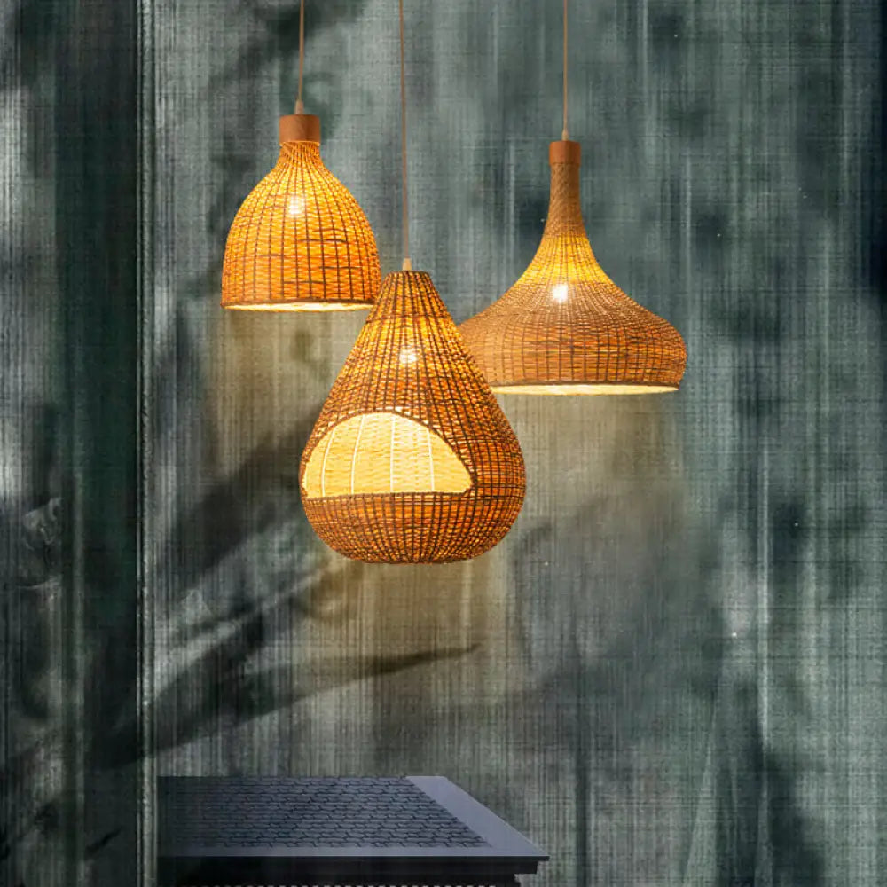 Bamboo Pendant Lighting Asia: Onion Raindrop Bell - Beige Hanging Light Fixture For Table 1