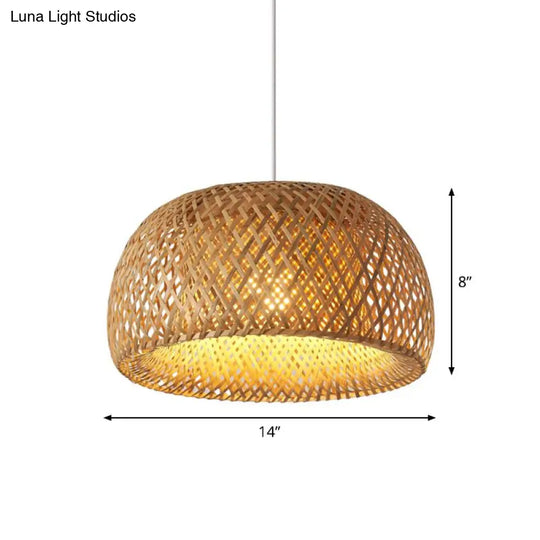 Bamboo Pendant Lighting - Chinese Cross-Weaving Dome Design 1 Light Beige Ceiling Ideal For Table