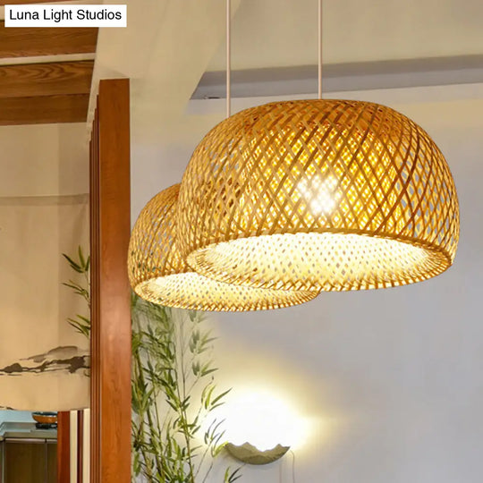 Bamboo Pendant Lighting - Chinese Cross-Weaving Dome Style 1 Light Beige Ceiling (12’/14’/23.5’)