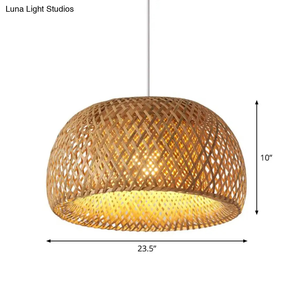 Bamboo Pendant Lighting - Chinese Cross-Weaving Dome Design 1 Light Beige Ceiling Ideal For Table
