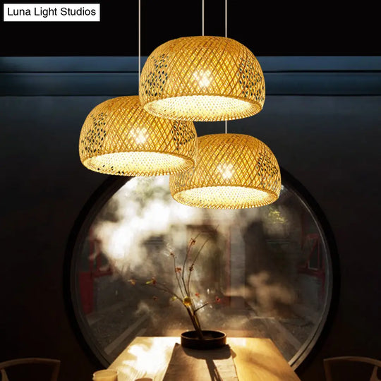 Bamboo Pendant Lighting - Chinese Cross-Weaving Dome Design 1 Light Beige Ceiling Ideal For Table