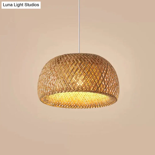 Bamboo Pendant Lighting - Chinese Cross-Weaving Dome Design 1 Light Beige Ceiling Ideal For Table