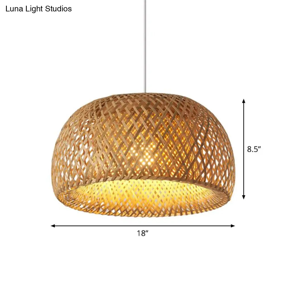 Bamboo Pendant Lighting - Chinese Cross-Weaving Dome Design 1 Light Beige Ceiling Ideal For Table
