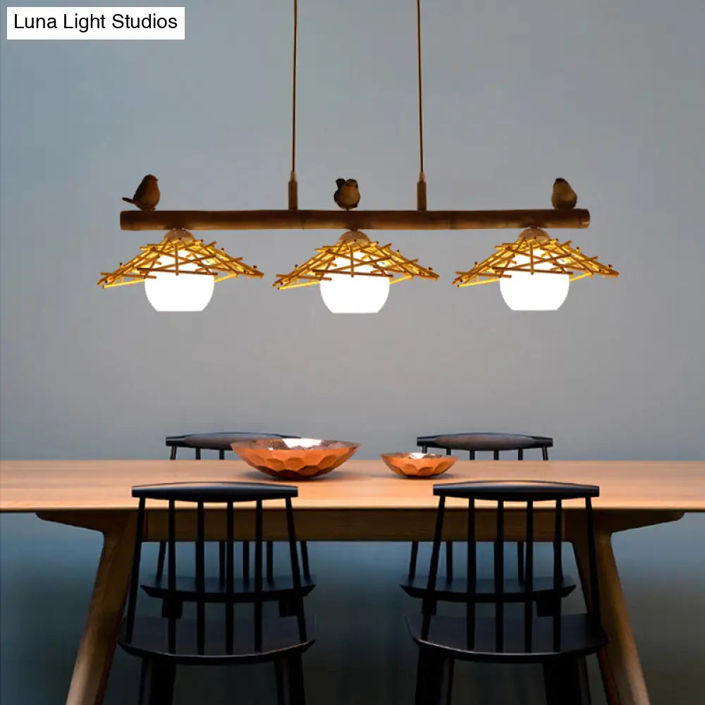 Bamboo Pendant Lighting: Conical Island Light With White Glass Shade