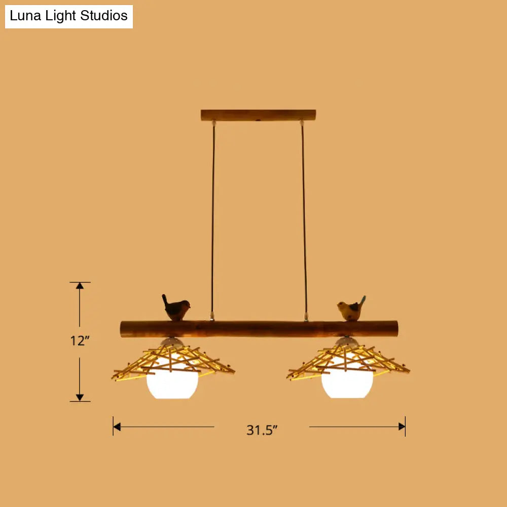 Bamboo Pendant Lighting: Conical Island Light With White Glass Shade