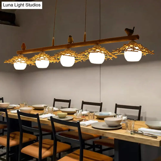 Bamboo Pendant Lighting: Conical Island Light With White Glass Shade