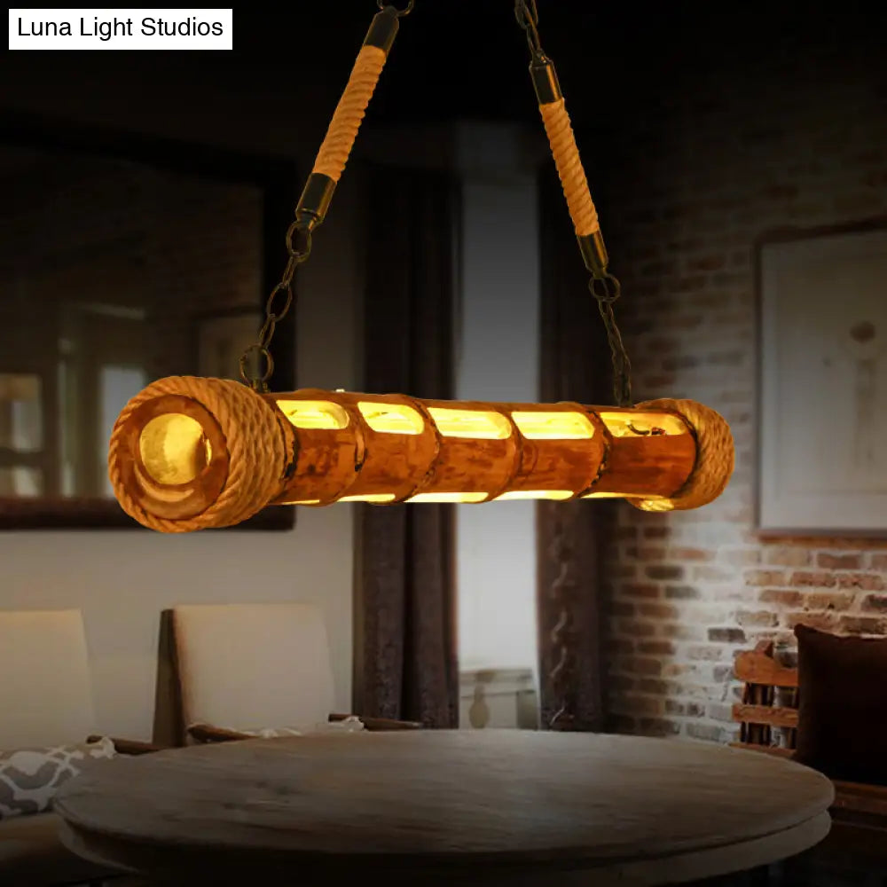 Bamboo Pole Led Suspension Light - Lodge Style Dining Room Island Lamp In Wood